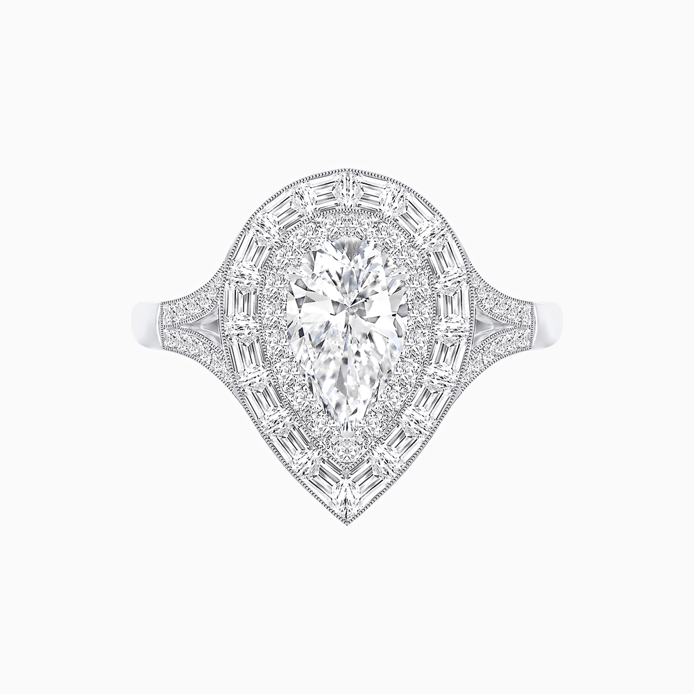 Art Deco Pear Shape Ring with Double Diamond Halo and Baguette Diamond Accents - Shahin Jewelry