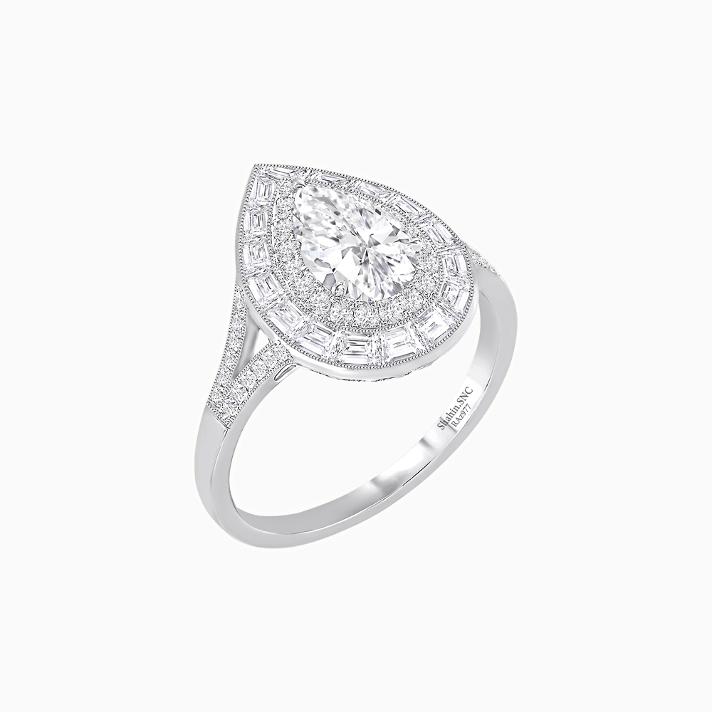 Art Deco Pear Shape Ring with Double Diamond Halo and Baguette Diamond Accents - Shahin Jewelry
