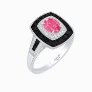 Art Deco Pink Tourmaline Engagement Ring – Diamond & Onyx Halo - Shahin Jewelry