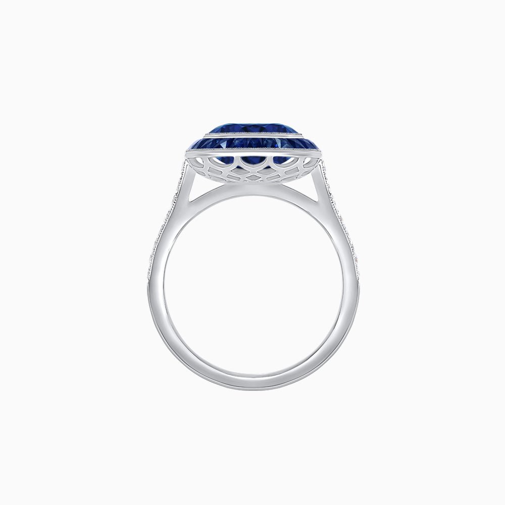 Art Deco Round - Cut Diamond Ring with Gemstone Halo - Shahin Jewelry