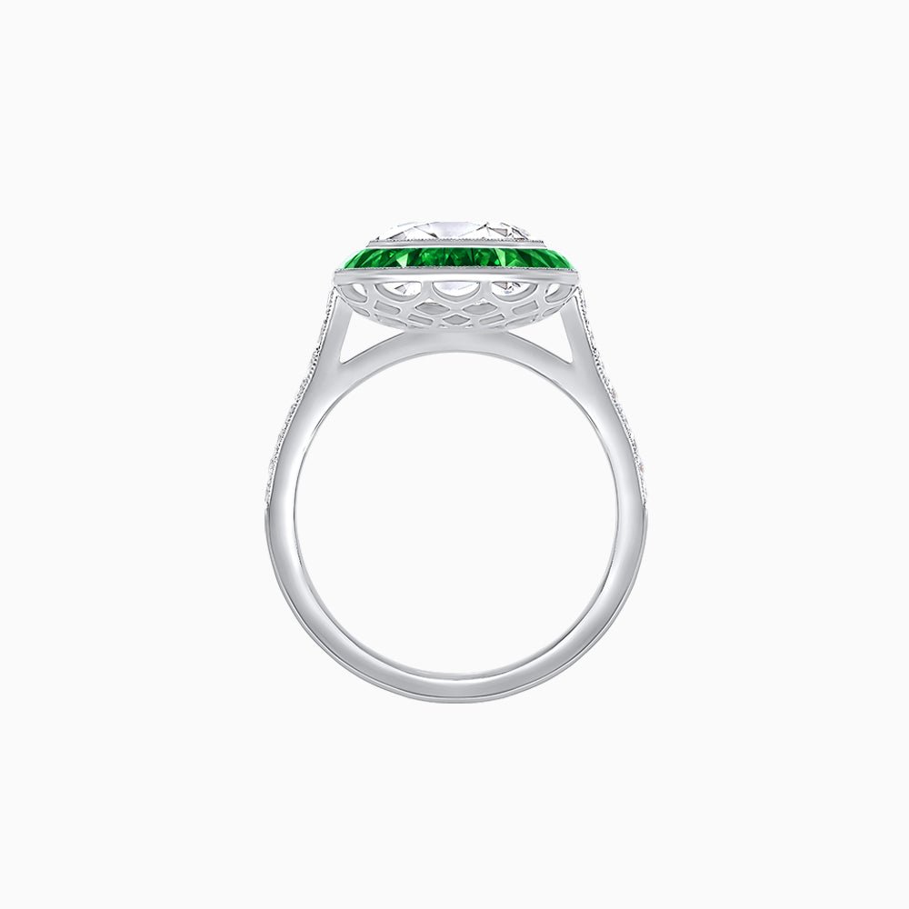 Art Deco Round - Cut Diamond Ring with Gemstone Halo - Shahin Jewelry