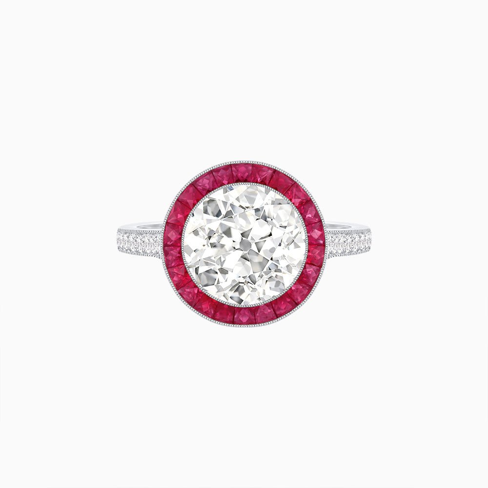 Art Deco Round - Cut Diamond Ring with Gemstone Halo - Shahin Jewelry