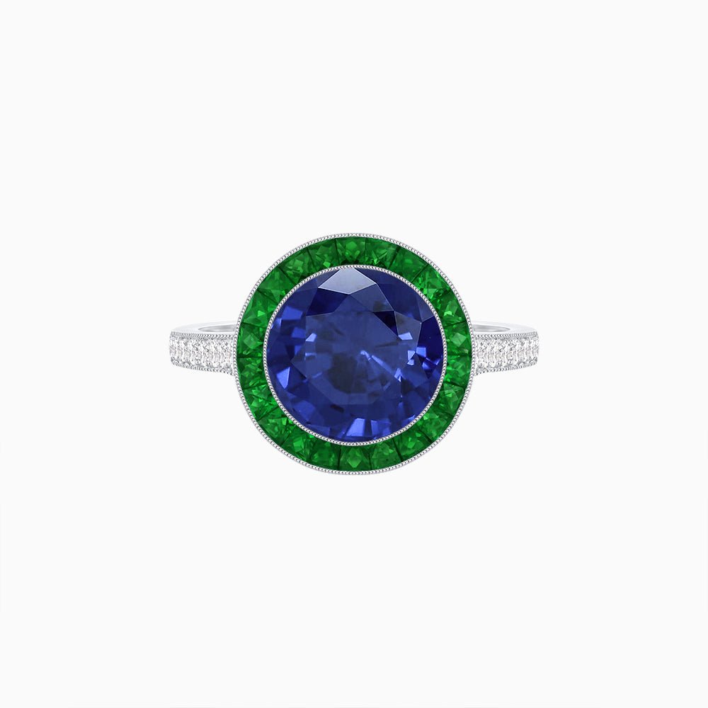 Art Deco Round - Cut Diamond Ring with Gemstone Halo - Shahin Jewelry
