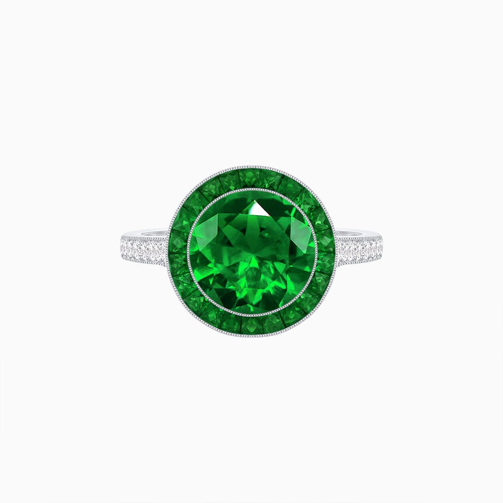 Art Deco Round - Cut Diamond Ring with Gemstone Halo - Shahin Jewelry
