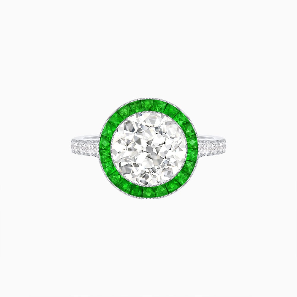 Art Deco Round - Cut Diamond Ring with Gemstone Halo - Shahin Jewelry