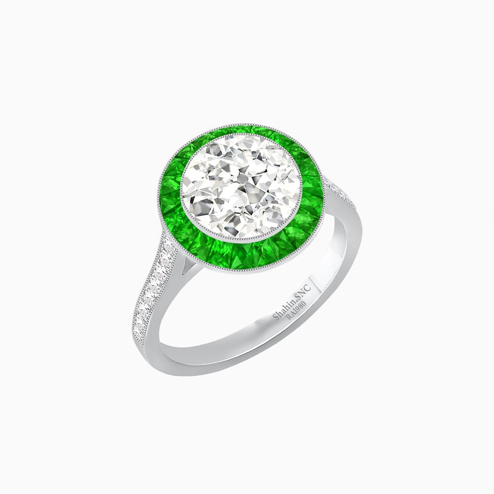 Art Deco Round - Cut Diamond Ring with Gemstone Halo - Shahin Jewelry