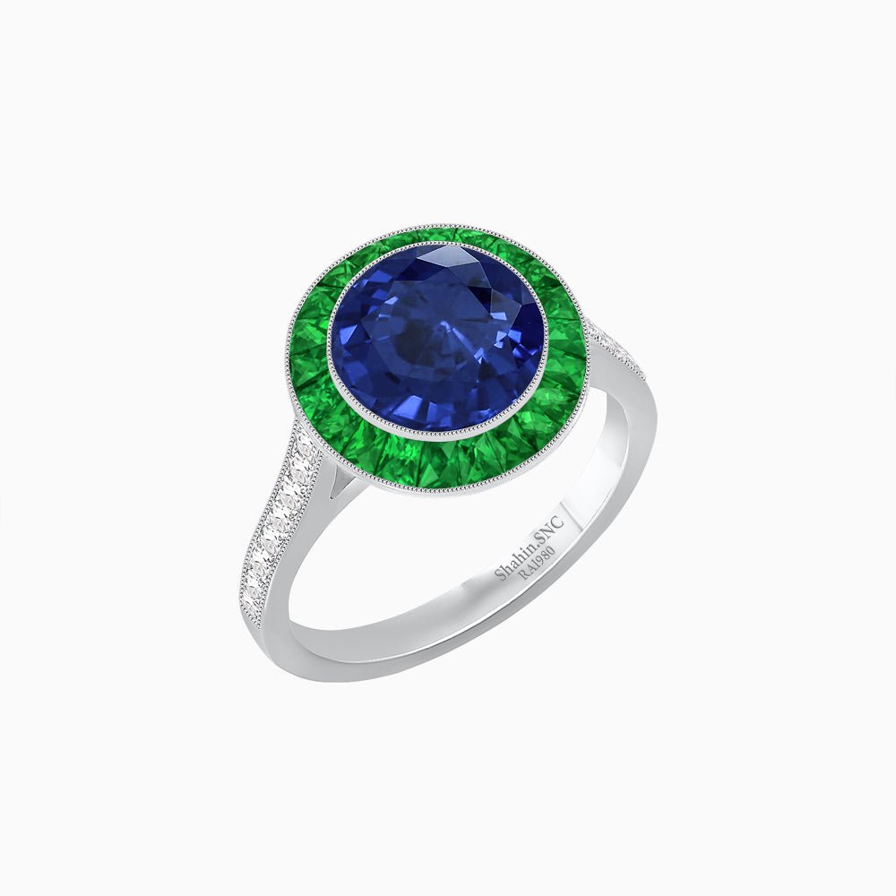 Art Deco Round - Cut Diamond Ring with Gemstone Halo - Shahin Jewelry