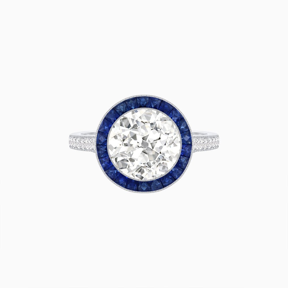 Art Deco Round - Cut Diamond Ring with Gemstone Halo - Shahin Jewelry