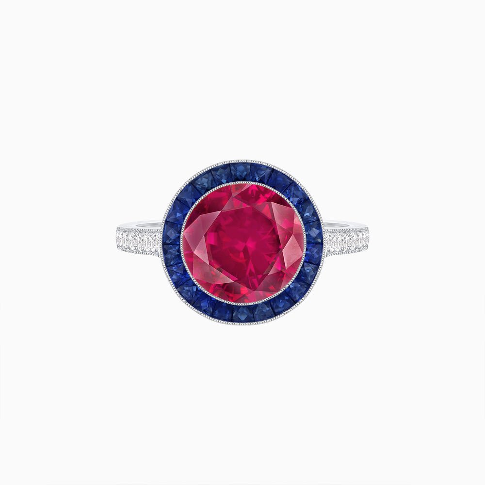 Art Deco Round - Cut Diamond Ring with Gemstone Halo - Shahin Jewelry