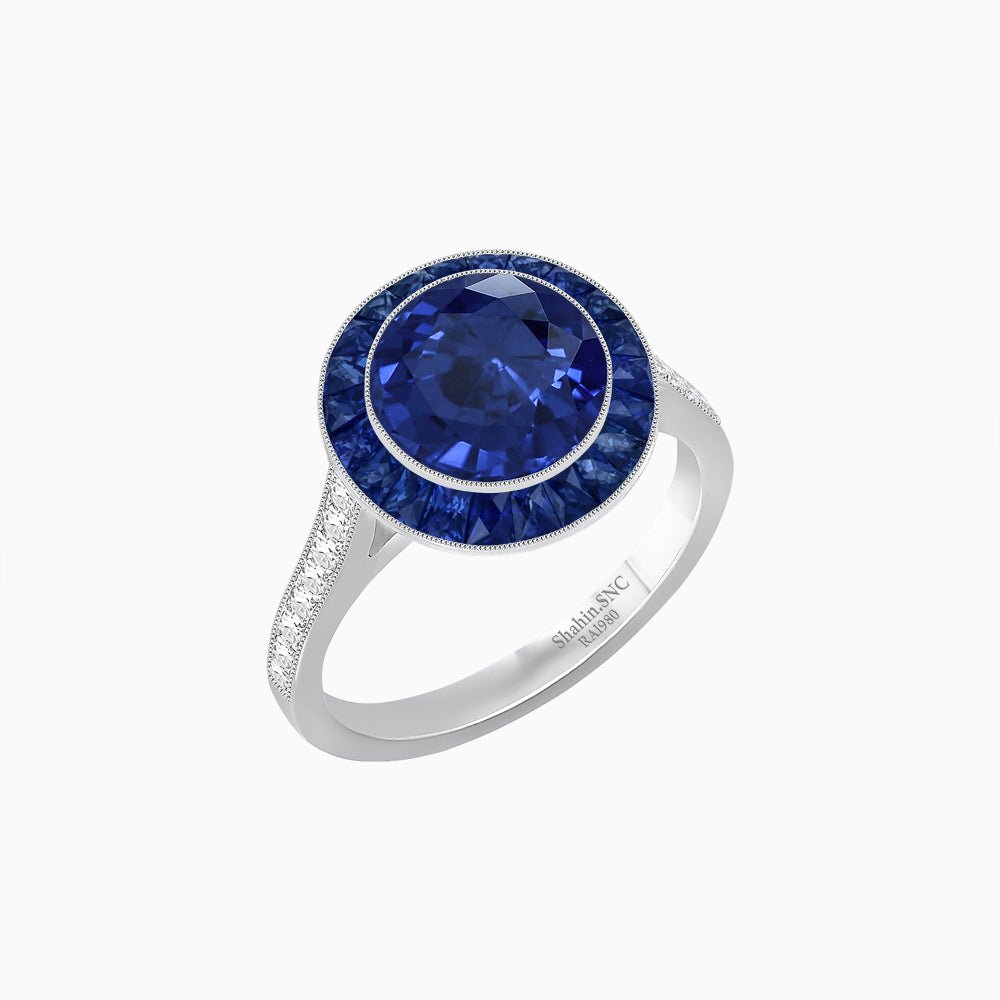 Art Deco Round - Cut Diamond Ring with Gemstone Halo - Shahin Jewelry