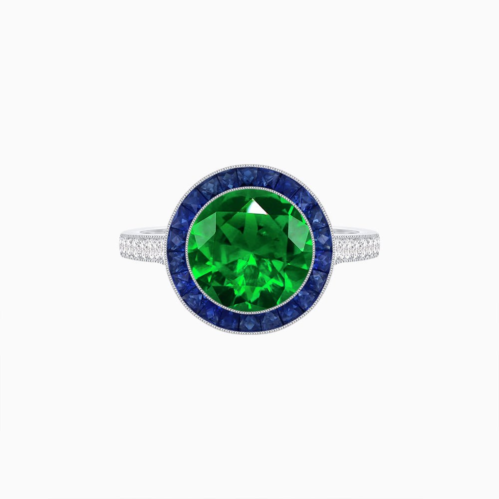 Art Deco Round - Cut Diamond Ring with Gemstone Halo - Shahin Jewelry
