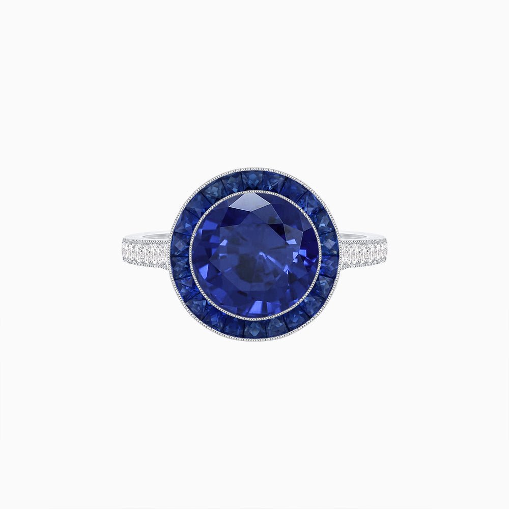 Art Deco Round - Cut Diamond Ring with Gemstone Halo - Shahin Jewelry