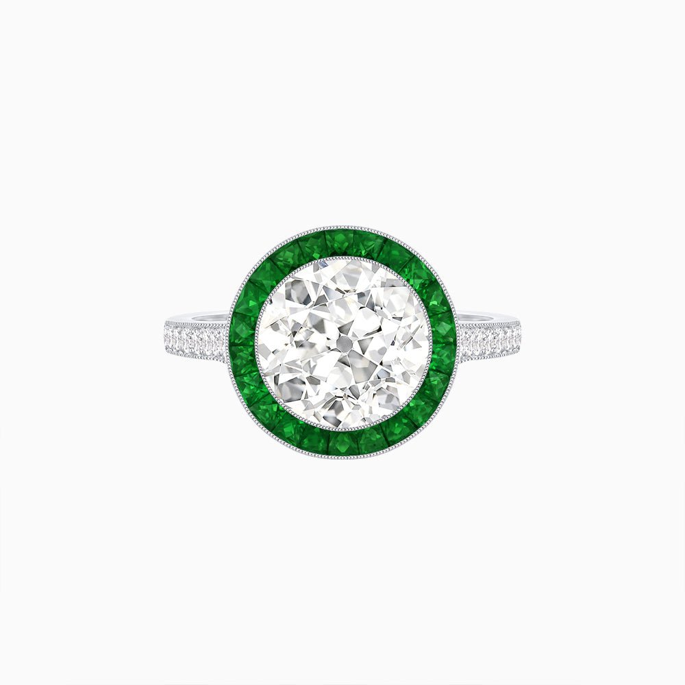 Art Deco Round - Cut Diamond Ring with Gemstone Halo - Shahin Jewelry