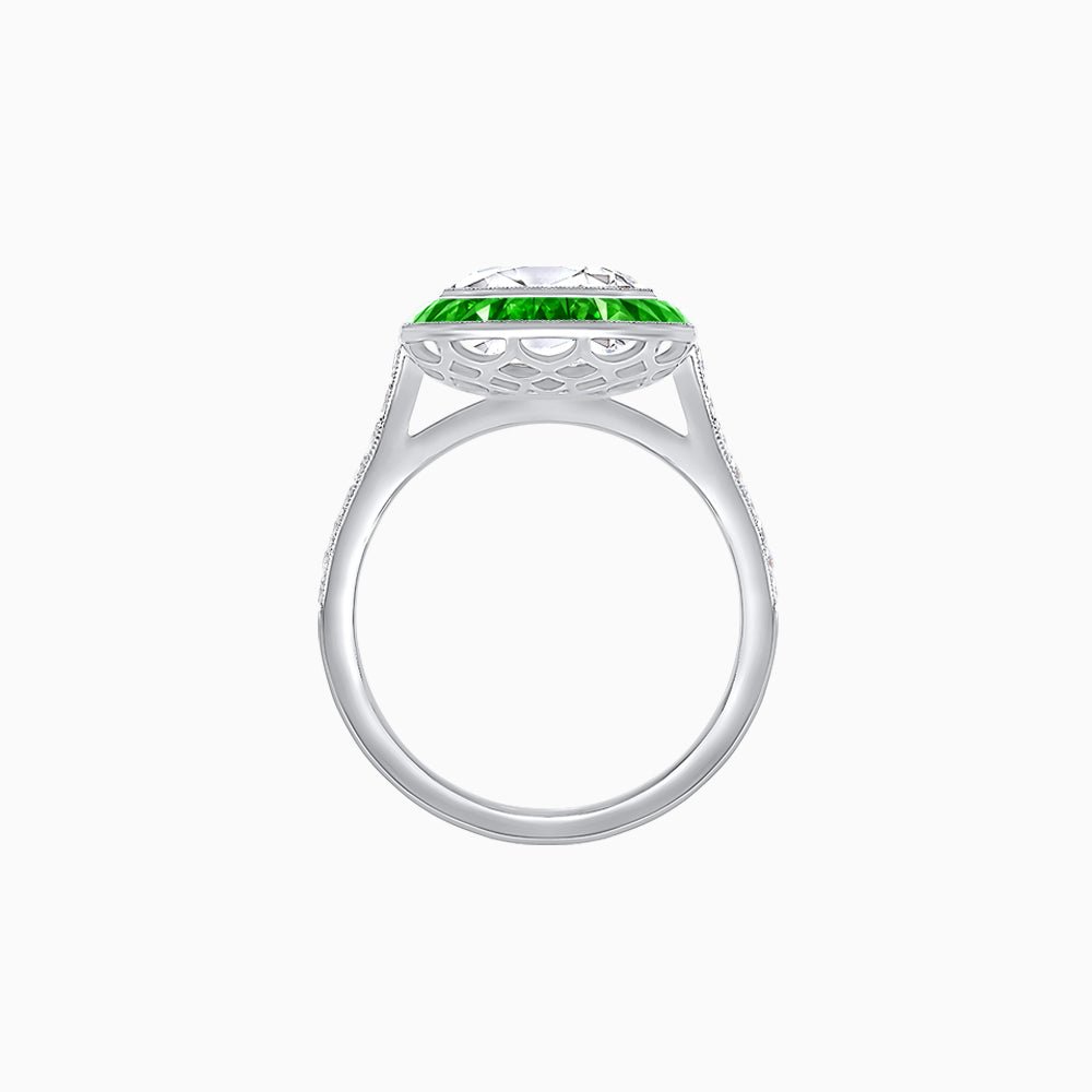 Art Deco Round - Cut Diamond Ring with Gemstone Halo - Shahin Jewelry