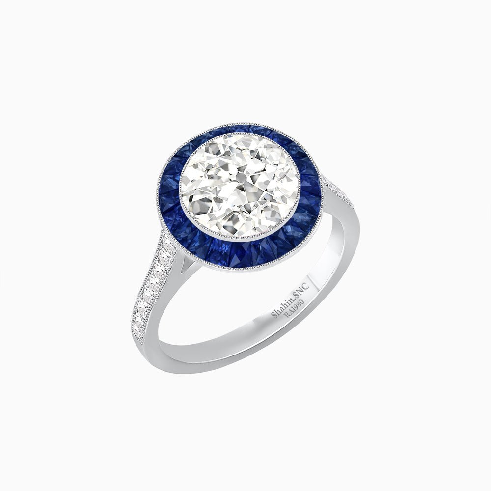 Art Deco Round - Cut Diamond Ring with Gemstone Halo - Shahin Jewelry