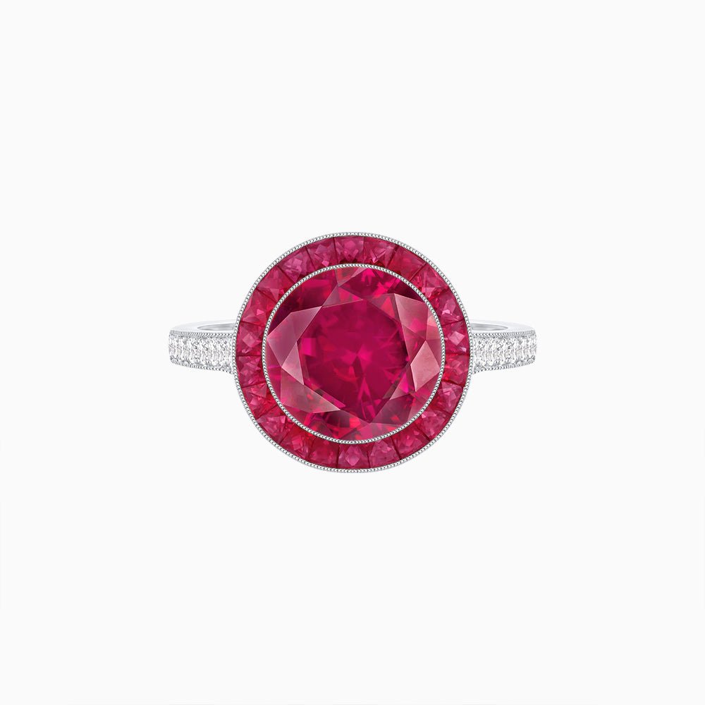 Art Deco Round - Cut Diamond Ring with Gemstone Halo - Shahin Jewelry