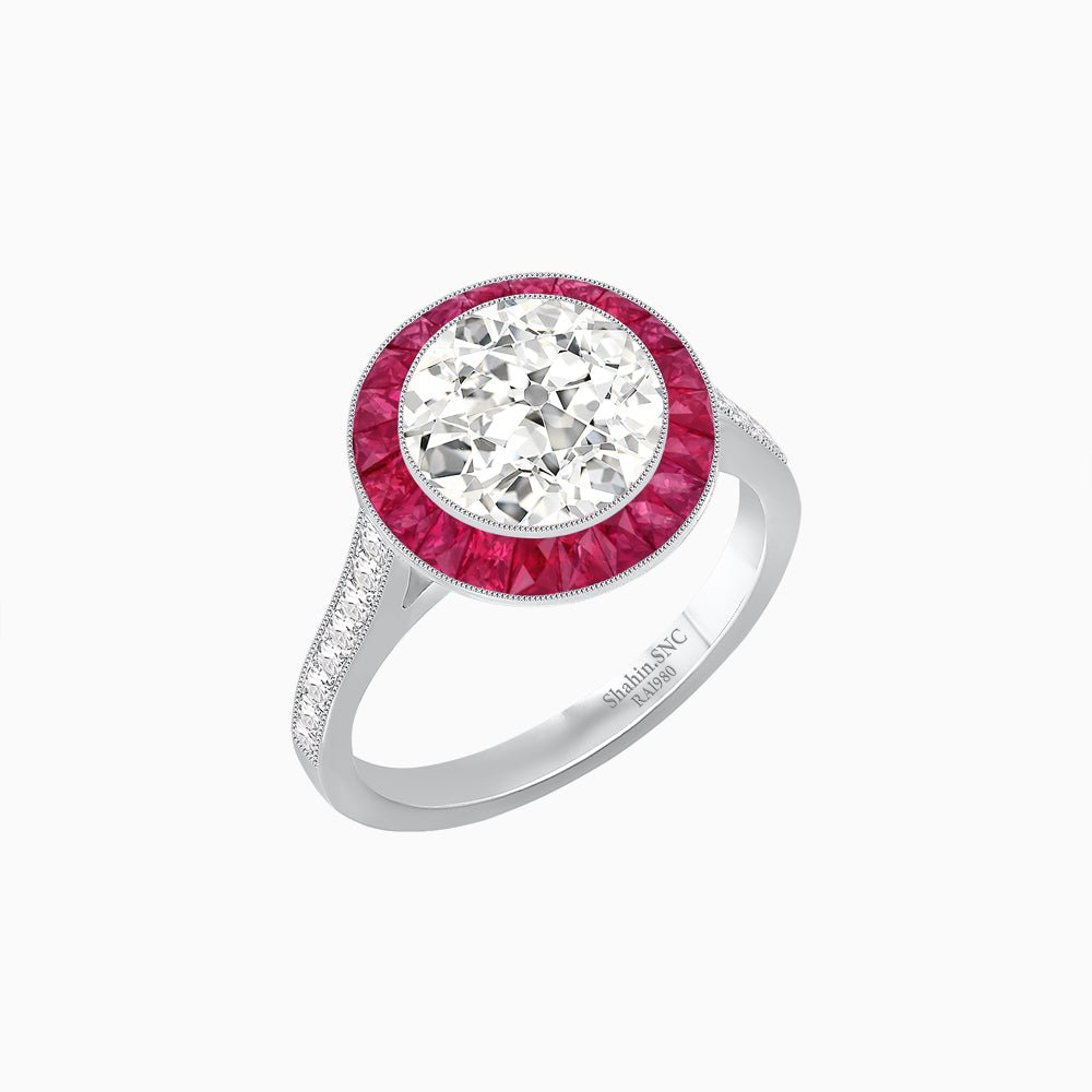 Art Deco Round - Cut Diamond Ring with Gemstone Halo - Shahin Jewelry