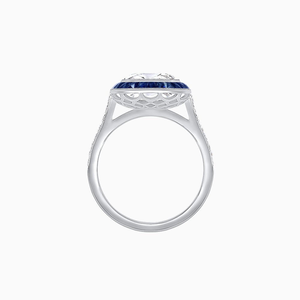 Art Deco Round - Cut Diamond Ring with Gemstone Halo - Shahin Jewelry