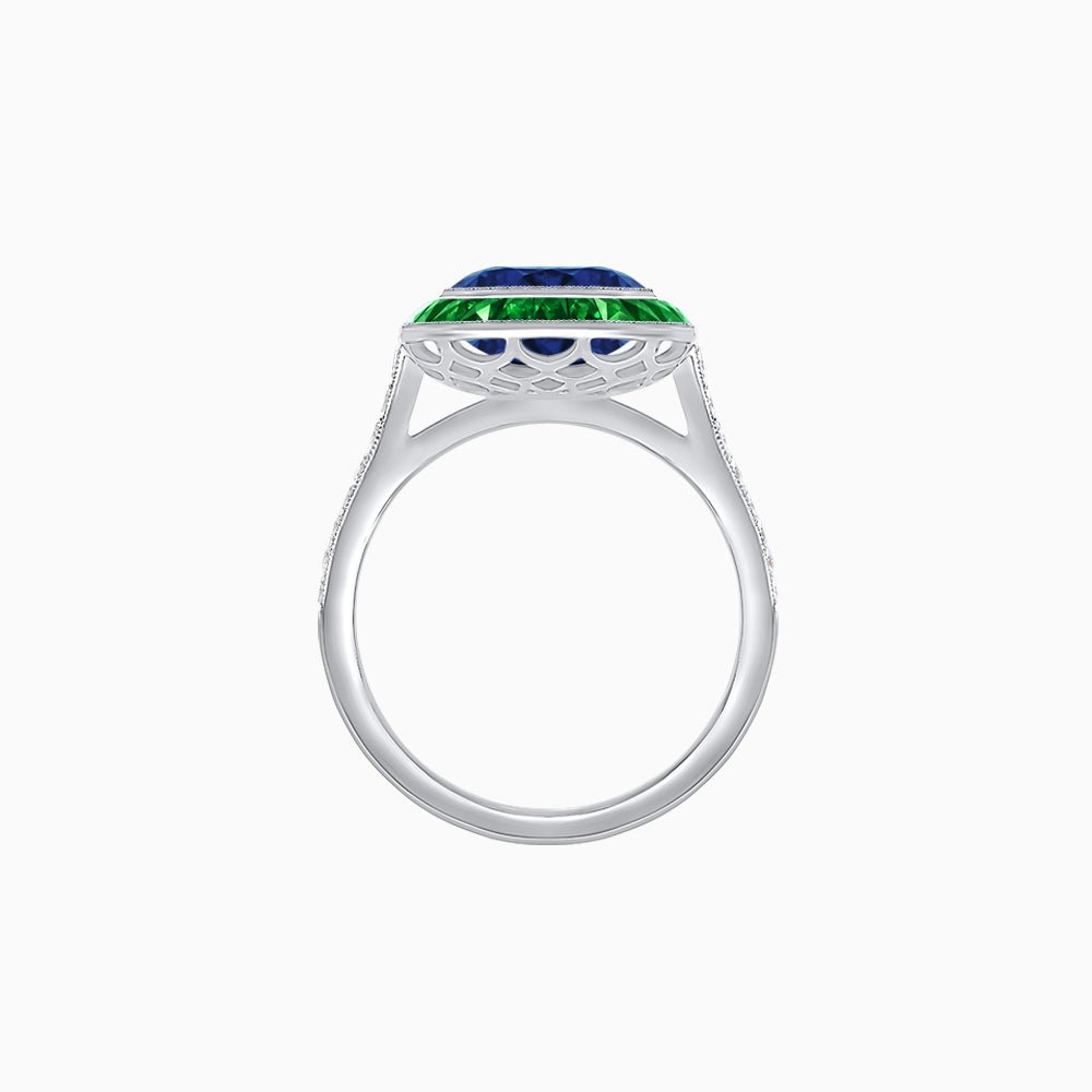 Art Deco Round - Cut Diamond Ring with Gemstone Halo - Shahin Jewelry