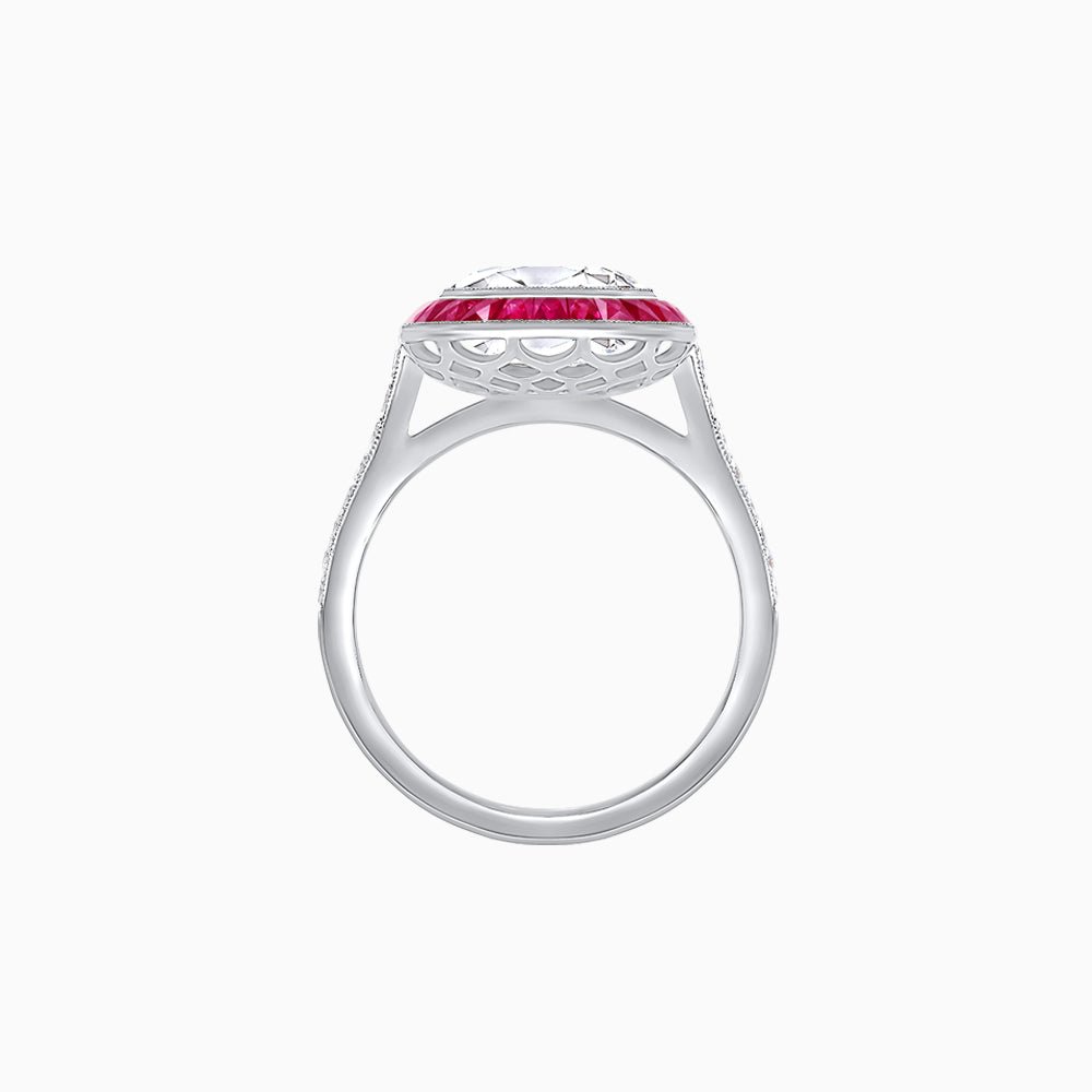 Art Deco Round - Cut Diamond Ring with Gemstone Halo - Shahin Jewelry