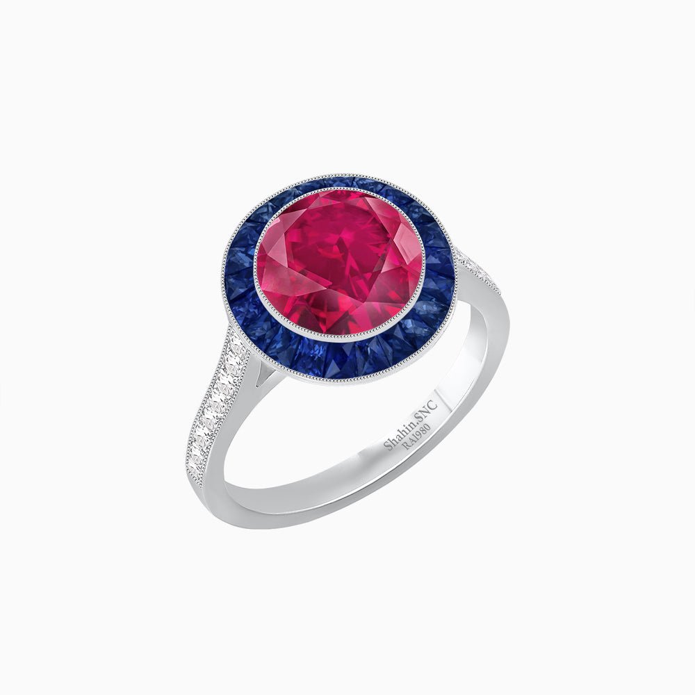 Art Deco Round - Cut Diamond Ring with Gemstone Halo - Shahin Jewelry