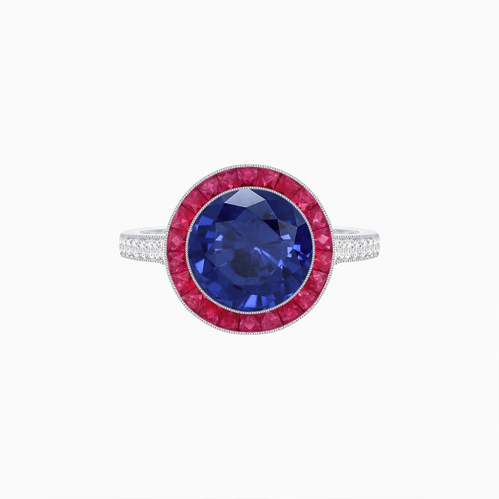 Art Deco Round - Cut Diamond Ring with Gemstone Halo - Shahin Jewelry