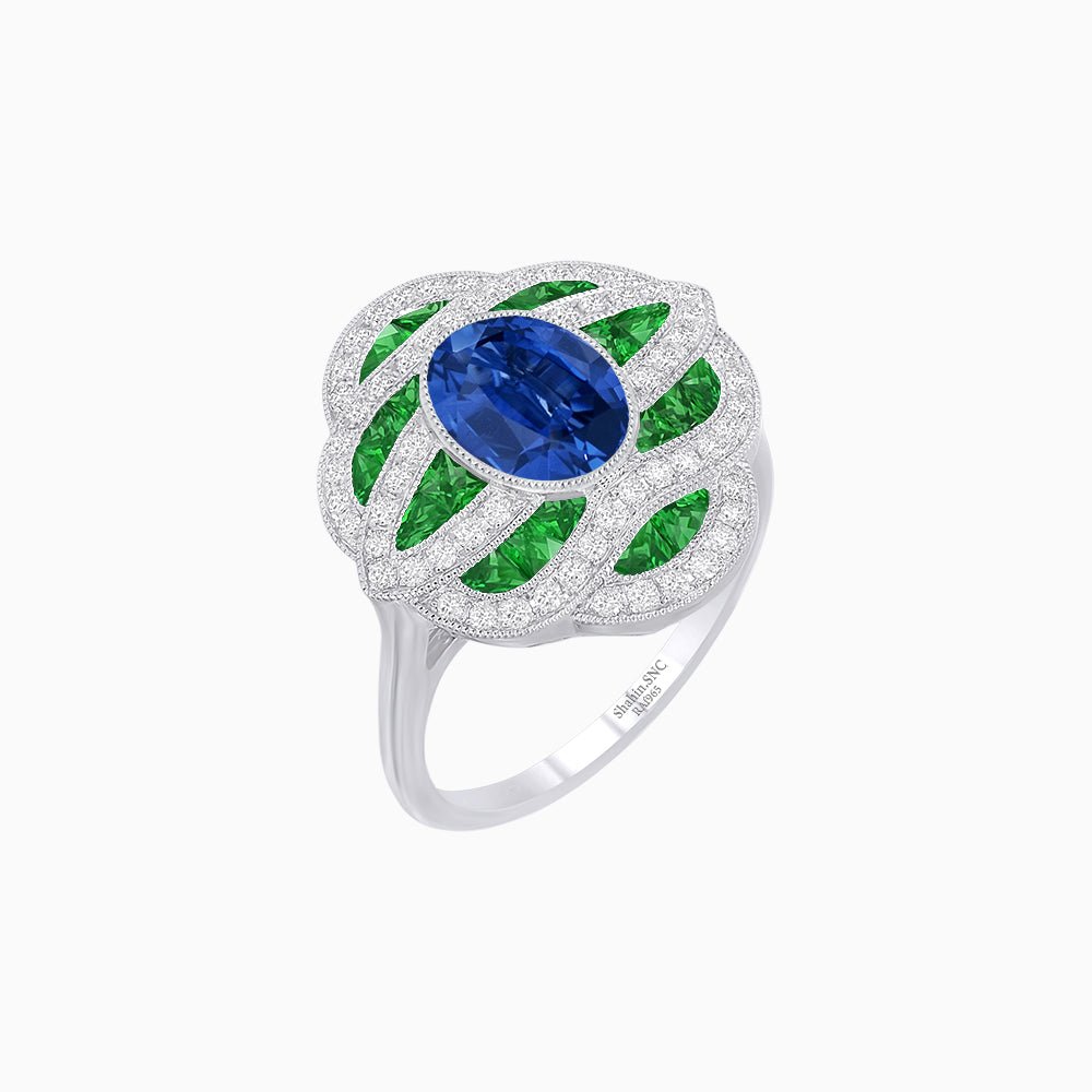 Art Deco Sea Wave Design Oval Cut Gemstone Ring - Shahin Jewelry