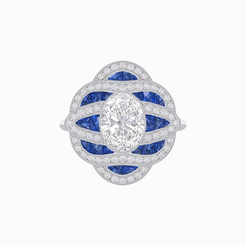 Art Deco Sea Wave - Inspired Diamond and Blue Sapphire Ring Mounting in Platinum - Shahin Jewelry