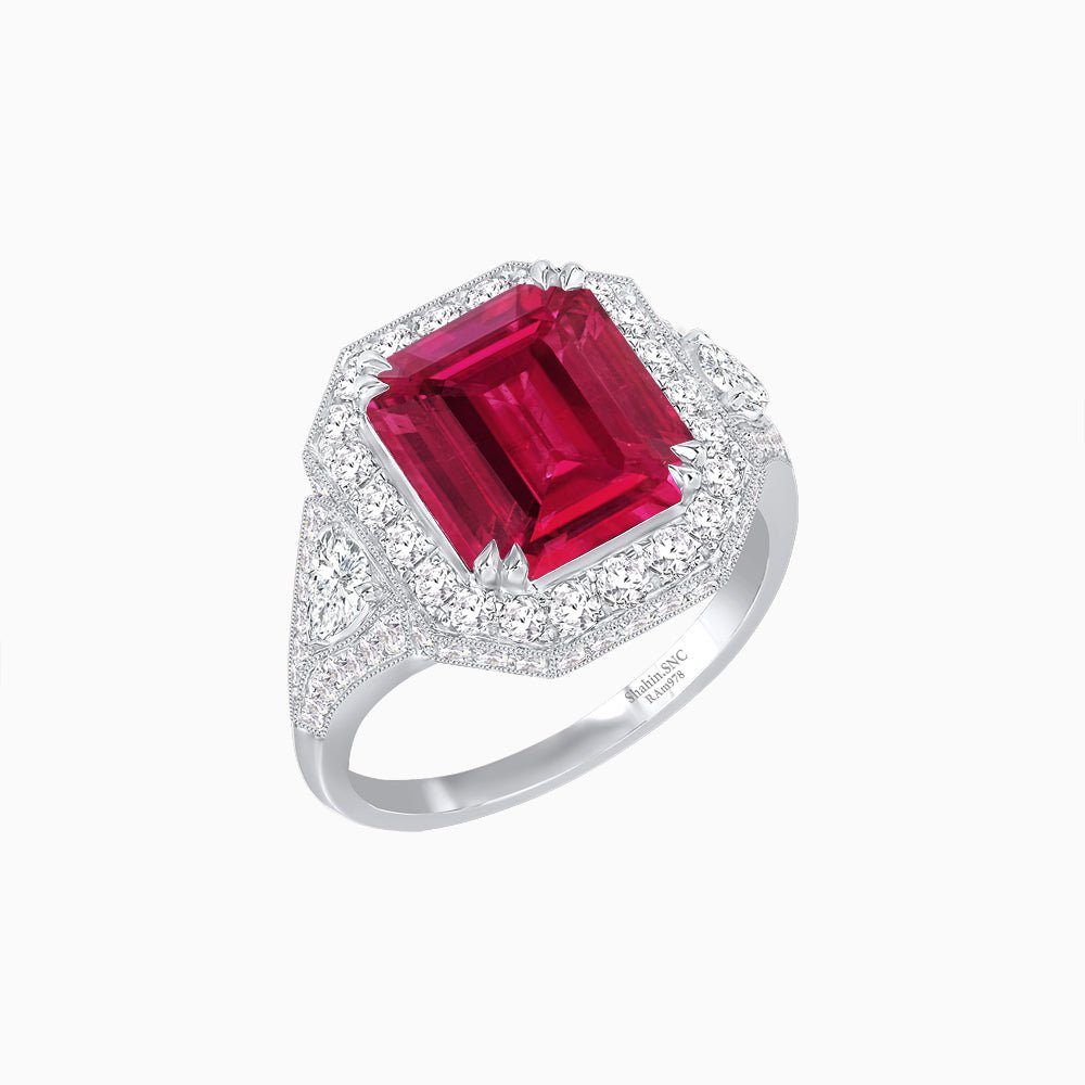 Art Deco Square Cushion - Cut Gemstone Ring with Diamond Halo - Shahin Jewelry