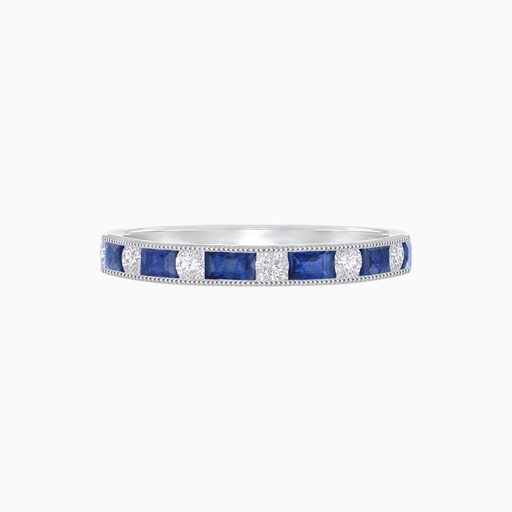 Art Deco Style Baguette Blue Sapphire and Diamond Half Eternity Band in 14K White Gold - Shahin Jewelry