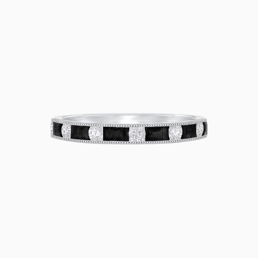 Art Deco Style Baguette Onyx and Diamond Half Eternity Band in 14K White Gold - Shahin Jewelry