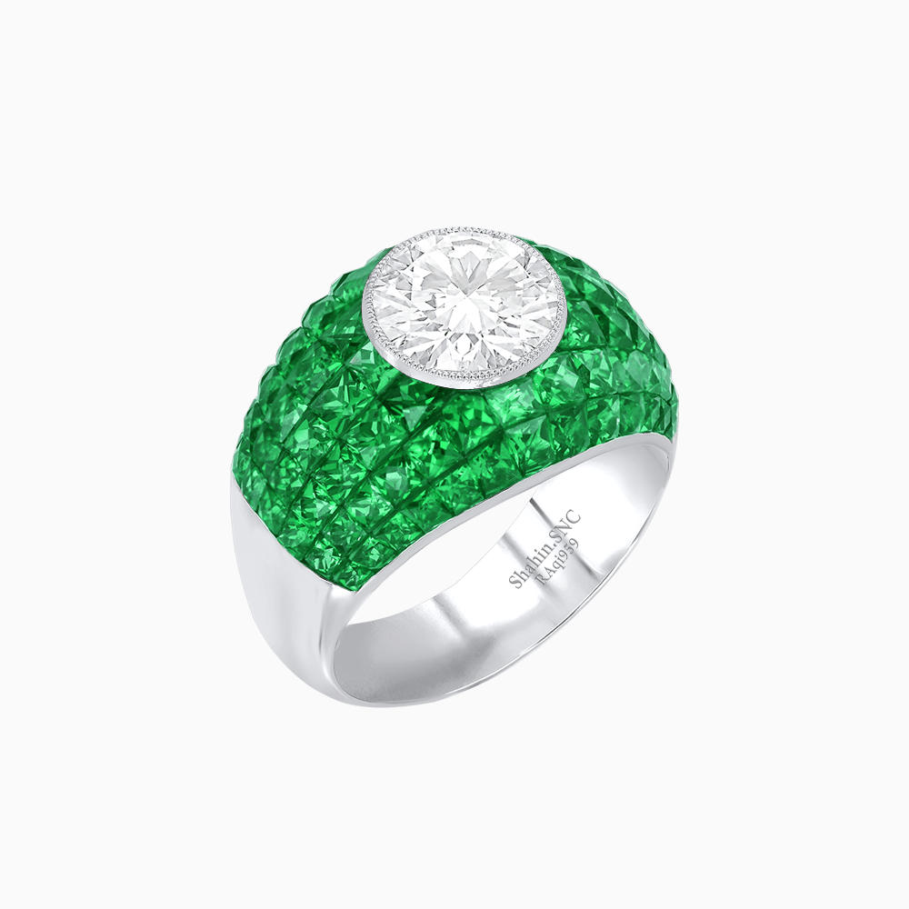 Art Deco - Style Bombe Ring with French - Cut Gemstone Pavé Bold Elegance | Custom Center Stone Mounting | Hand - Applied Milgrain - Shahin Jewelry