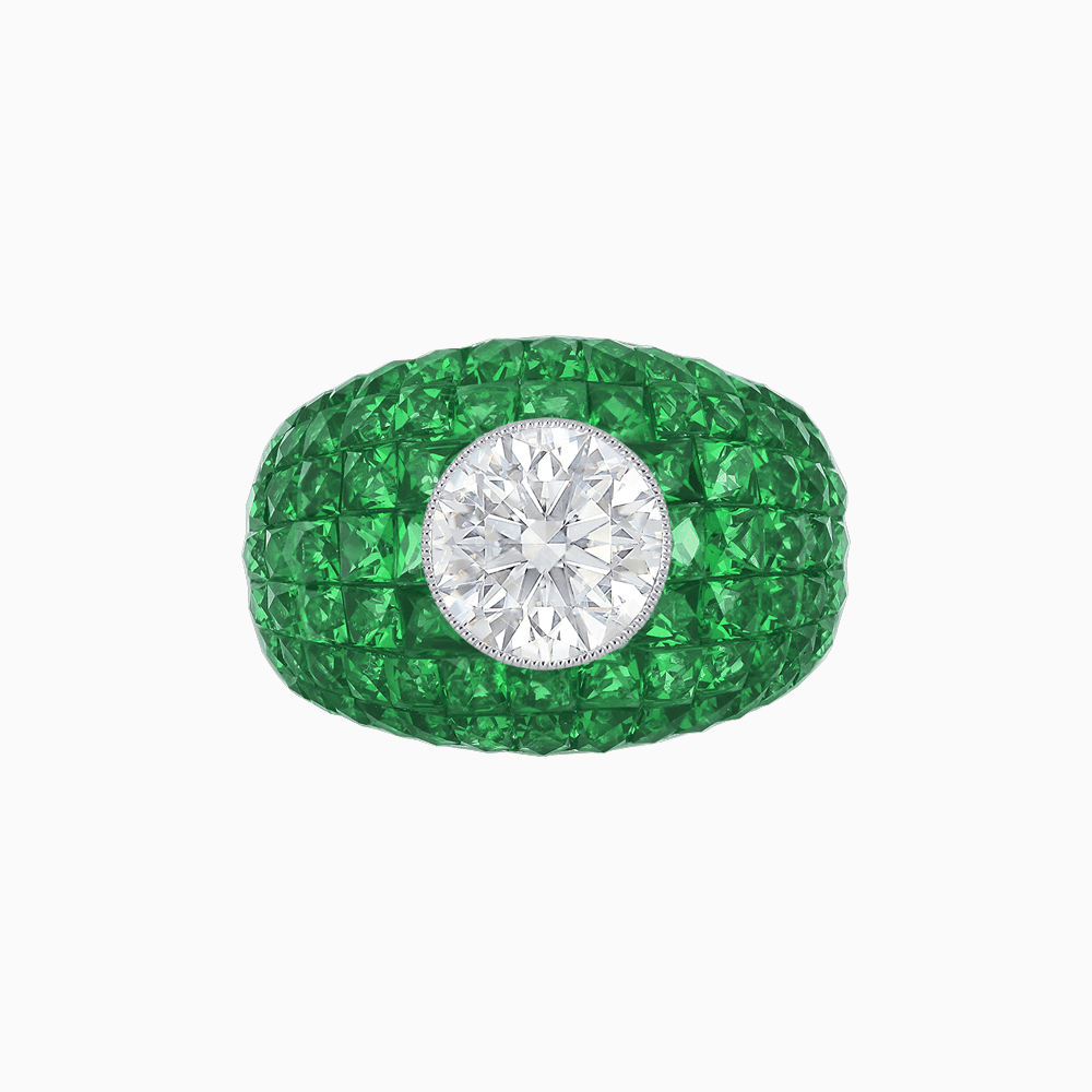Art Deco - Style Bombe Ring with French - Cut Gemstone Pavé Bold Elegance | Custom Center Stone Mounting | Hand - Applied Milgrain - Shahin Jewelry