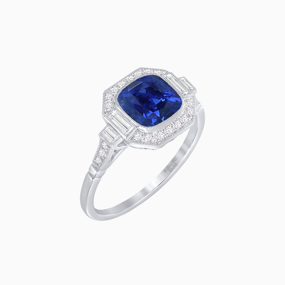 Art Deco Style Cushion Cut Ring Mounting with Diamond Halo and Baguette Diamond Accents - Shahin Jewelry
