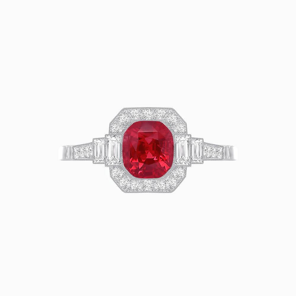 Art Deco Style Cushion Cut Ring Mounting with Diamond Halo and Baguette Diamond Accents - Shahin Jewelry