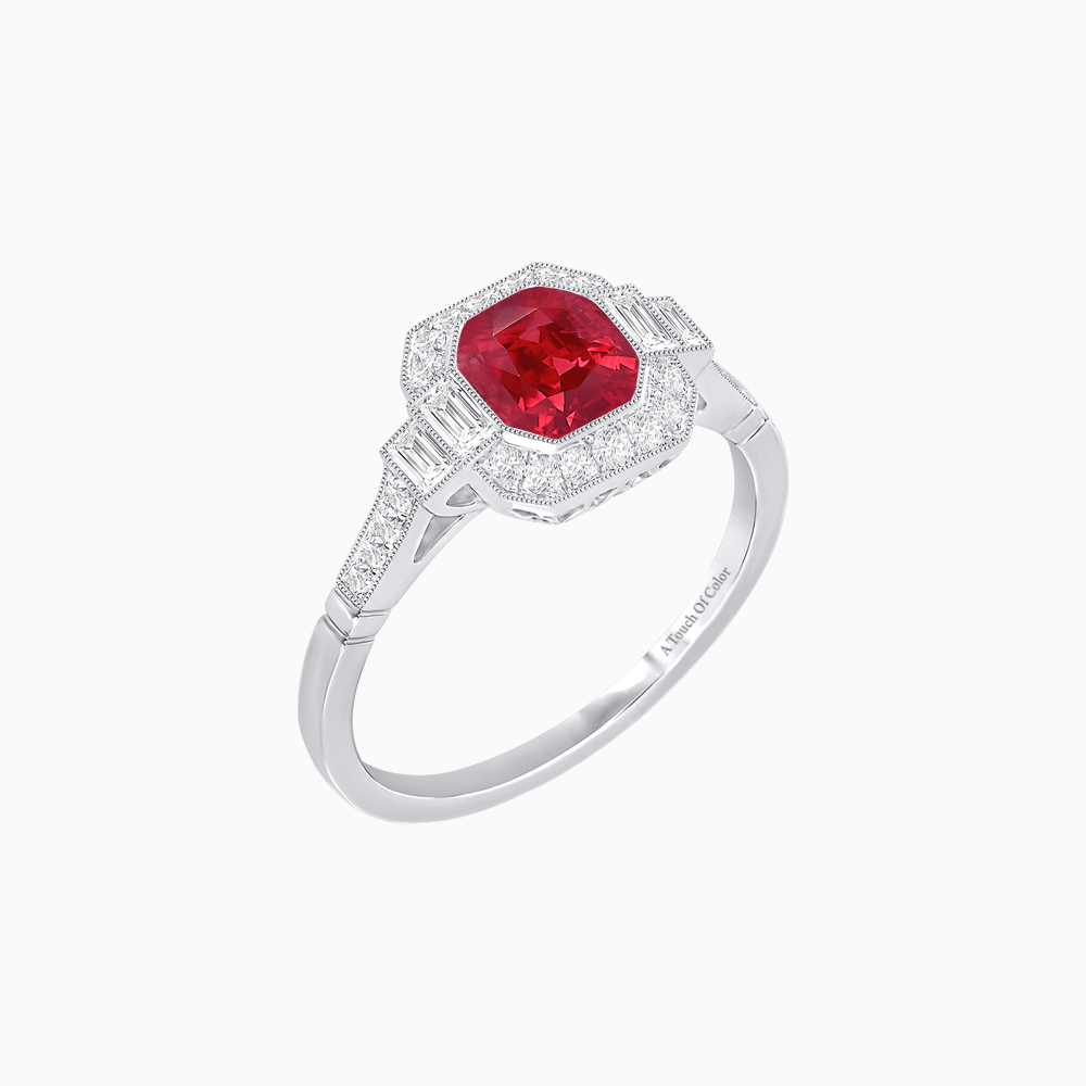 Art Deco Style Cushion Cut Ring Mounting with Diamond Halo and Baguette Diamond Accents - Shahin Jewelry