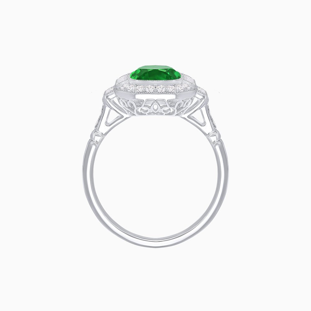 Art Deco Style Cushion Cut Ring Mounting with Diamond Halo and Baguette Diamond Accents - Shahin Jewelry