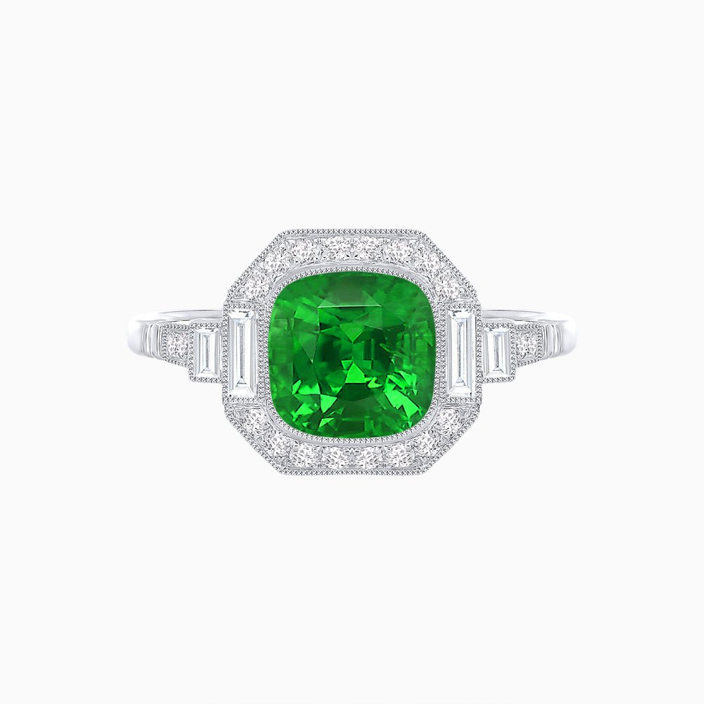 Art Deco Style Cushion Cut Ring Mounting with Diamond Halo and Baguette Diamond Accents - Shahin Jewelry