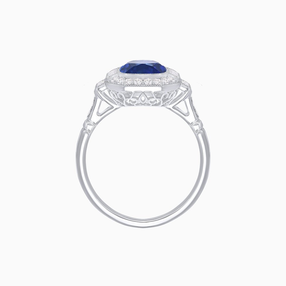 Art Deco Style Cushion Cut Ring Mounting with Diamond Halo and Baguette Diamond Accents - Shahin Jewelry