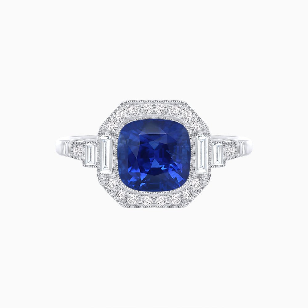 Art Deco Style Cushion Cut Ring Mounting with Diamond Halo and Baguette Diamond Accents - Shahin Jewelry