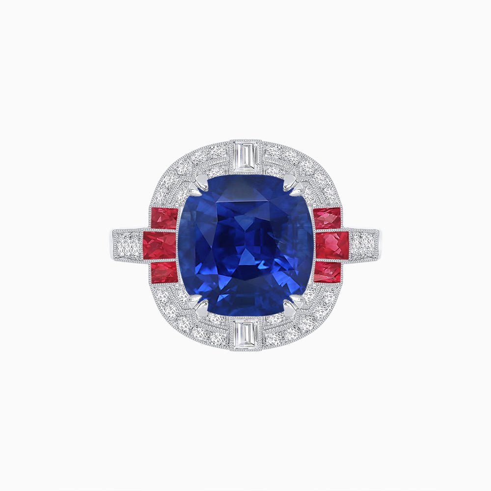 Art Deco Style Cushion Cut Ring Mounting with Diamond Halo and colored Side Gemstones - Shahin Jewelry