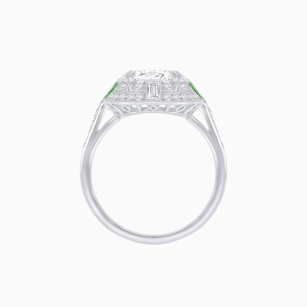 Art Deco Style Cushion Cut Ring Mounting with Diamond Halo and colored Side Gemstones - Shahin Jewelry