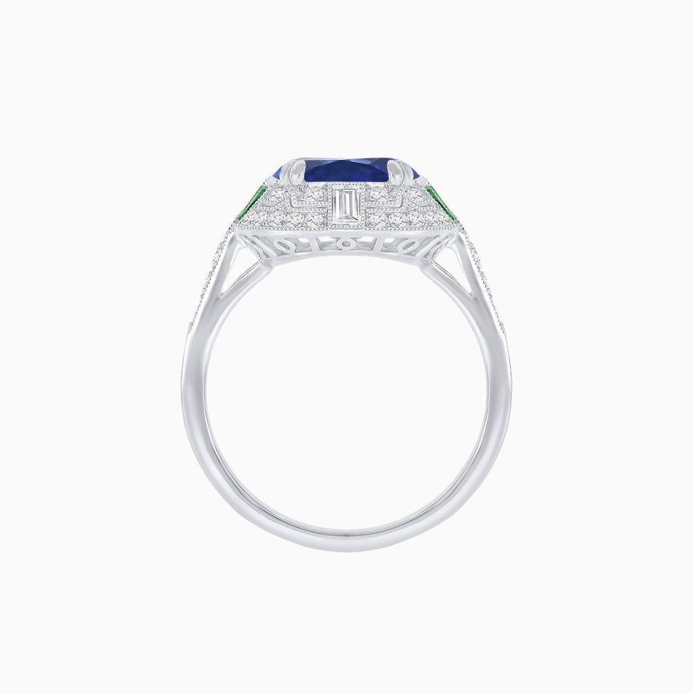 Art Deco Style Cushion Cut Ring Mounting with Diamond Halo and colored Side Gemstones - Shahin Jewelry