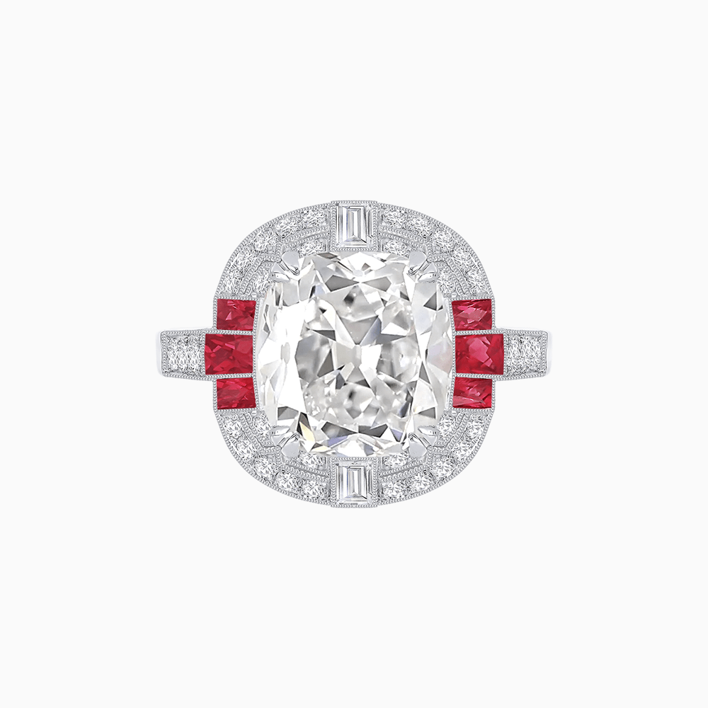 Art Deco Style Cushion Cut Ring Mounting with Diamond Halo and colored Side Gemstones - Shahin Jewelry