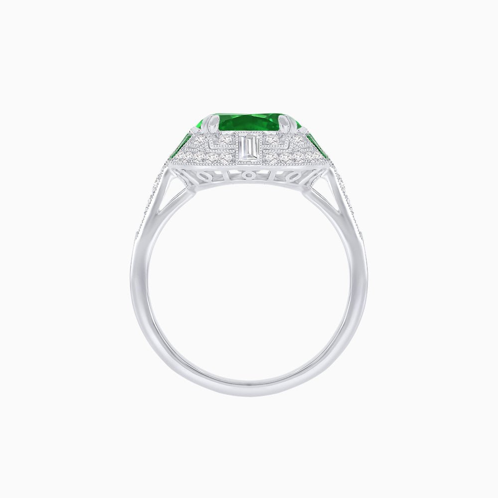 Art Deco Style Cushion Cut Ring Mounting with Diamond Halo and colored Side Gemstones - Shahin Jewelry