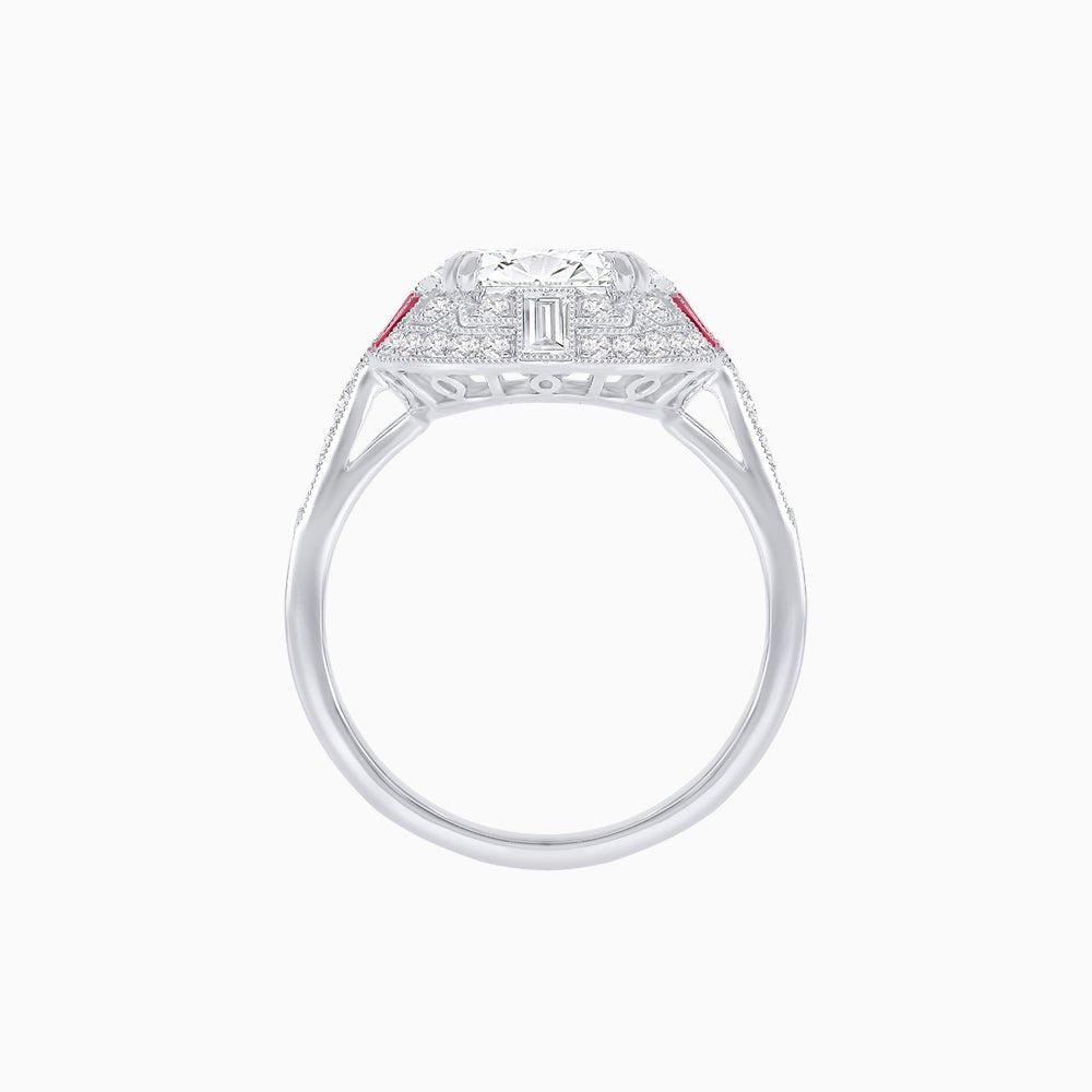 Art Deco Style Cushion Cut Ring Mounting with Diamond Halo and colored Side Gemstones - Shahin Jewelry