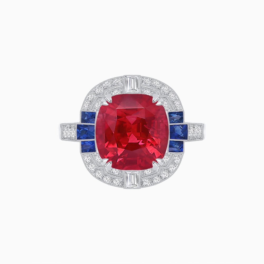 Art Deco Style Cushion Cut Ring Mounting with Diamond Halo and colored Side Gemstones - Shahin Jewelry