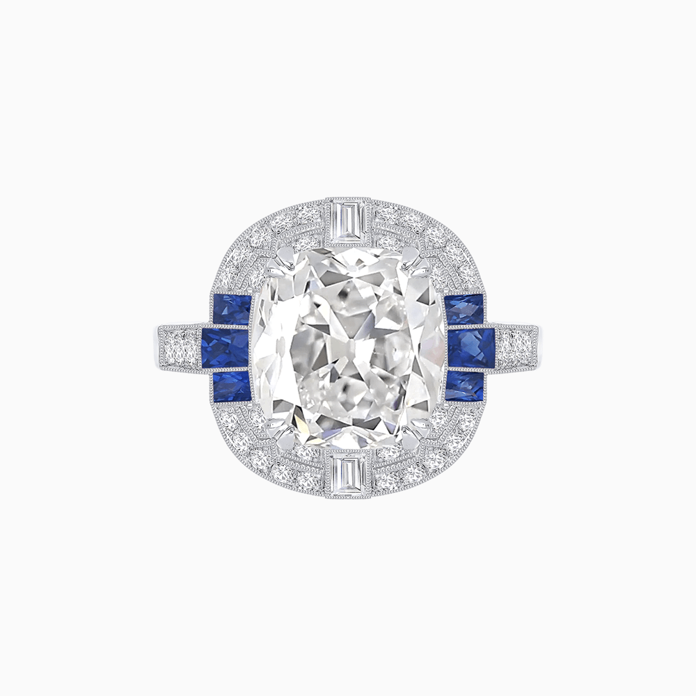 Art Deco Style Cushion Cut Ring Mounting with Diamond Halo and colored Side Gemstones - Shahin Jewelry