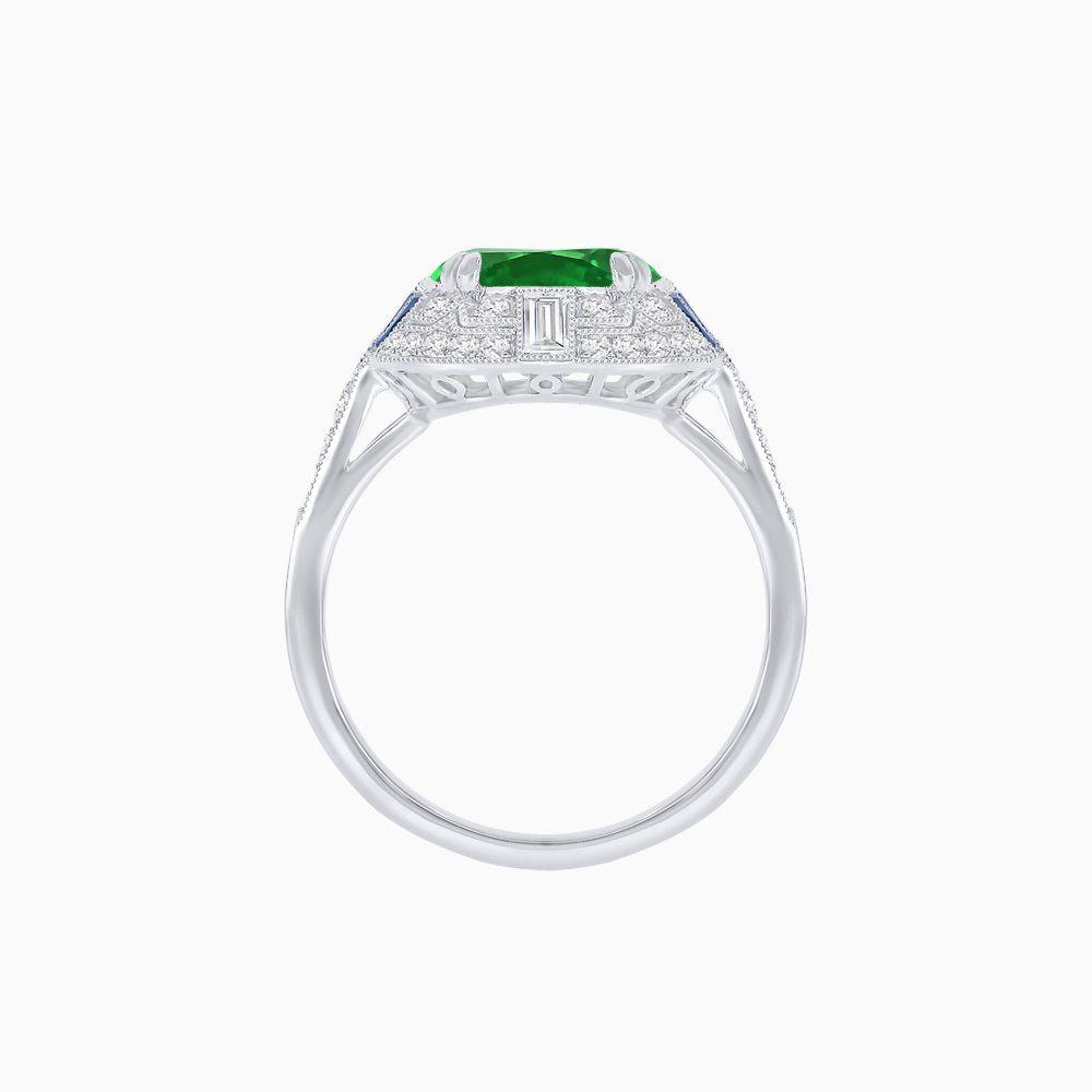 Art Deco Style Cushion Cut Ring Mounting with Diamond Halo and colored Side Gemstones - Shahin Jewelry