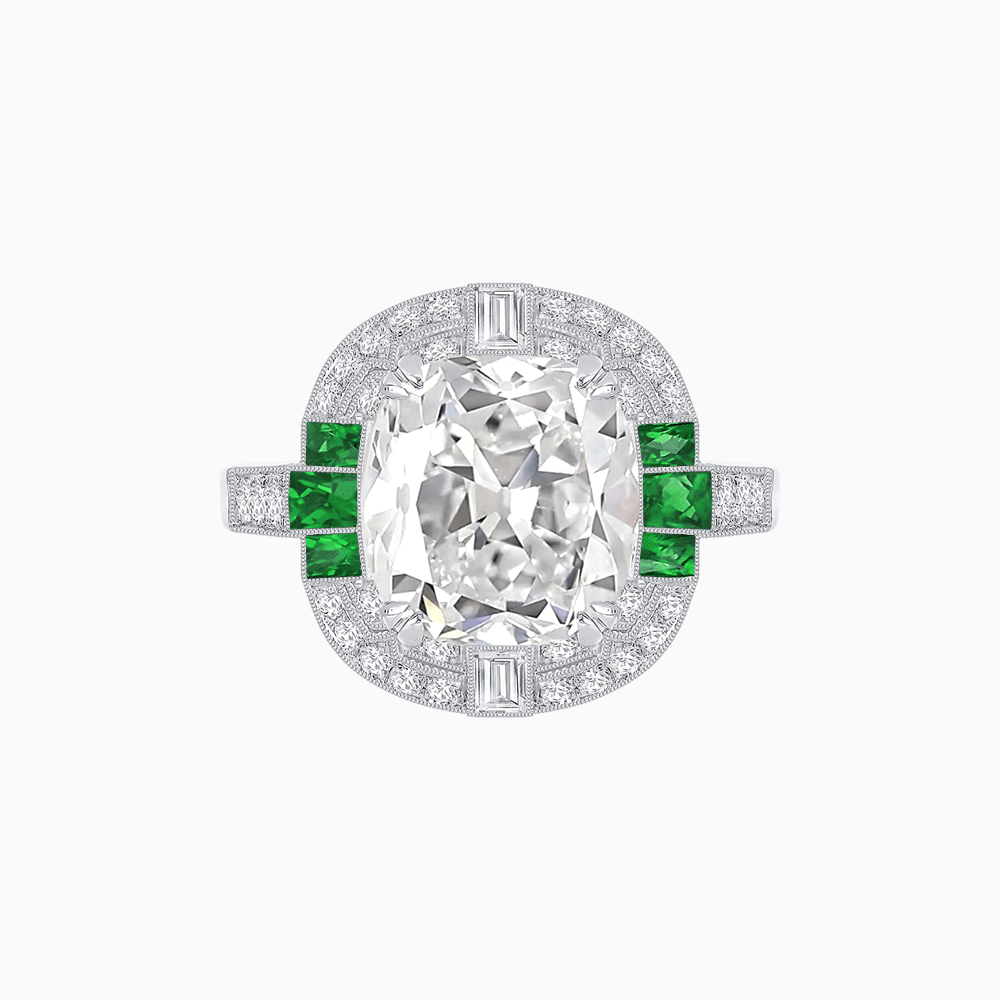 Art Deco Style Cushion Cut Ring Mounting with Diamond Halo and colored Side Gemstones - Shahin Jewelry